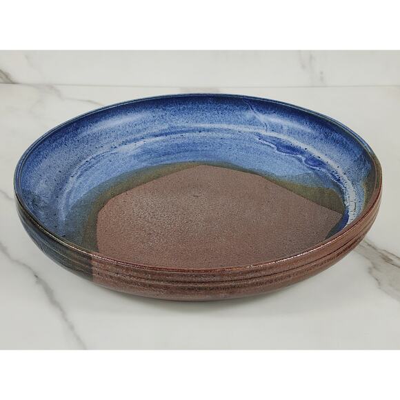 Chip & Dip Bowl Serving Platter Handmade Blue Pottery 10 1/2" Carolyn Cole Vtg - Picture 7 of 16